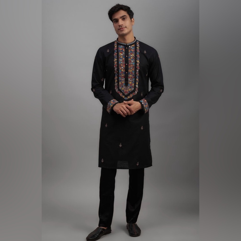 Mebaz Black Kurta Tunic Embroidered Beads Beaded Ethnic Silk 42cm US Large India